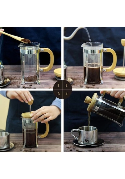 Ahşap Detaylı 350 Ml Cam French Press Renkli