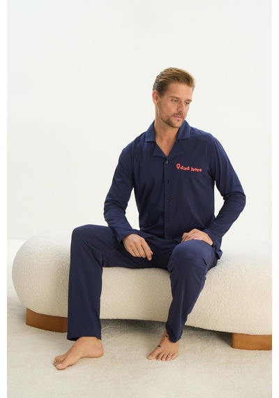 Sevim Erkek Uzun Kol Gömlek Yaka Önden Düğmeli Lacivert Pijama Takım C0t1n5o9 001