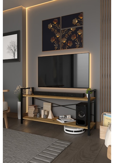 TV Ünitesi Dekoratif 2 Raflı Metal Ayaklı TV Sehpası Atlantik Çam