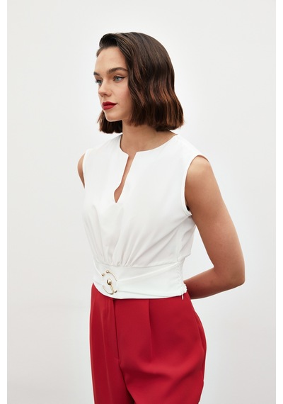 Sateen Toka Detaylı Kolsuz Bluz - Ekru-134859