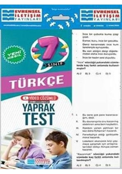 7. Sınıf Türkçe Yeni Nesil Yaprak Test- Evrensel İletişim Yayınları