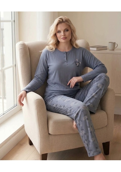Eyfuze Kadın Kışlık Büyük Beden Curve Nakışlı Desenli Yakası Düğmeli Uzun Kollu Pijama Takımı Antrasit - Gri