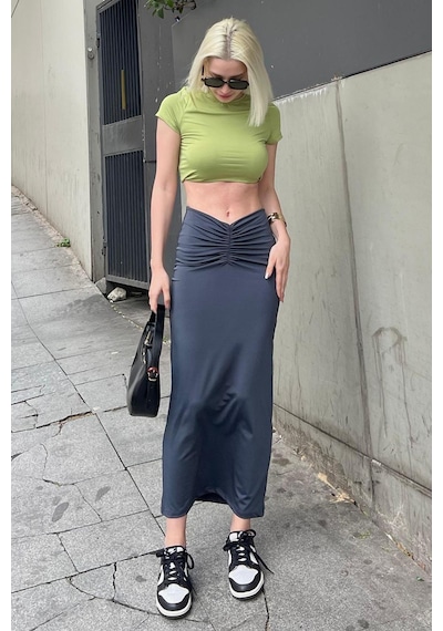 Madmext Füme Önden Büzgülü Midi Etek Mg2084 Füme