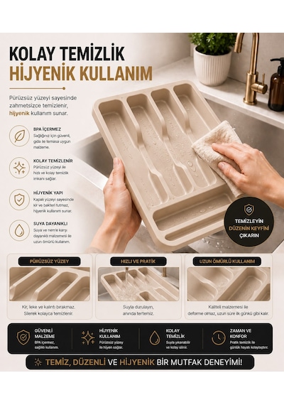 6 Bölmeli Çekmece İçi Kaşıklık, Plastik Çatal Bıçak Organizeri, Mutfak Düzenleyici Bej S-11003