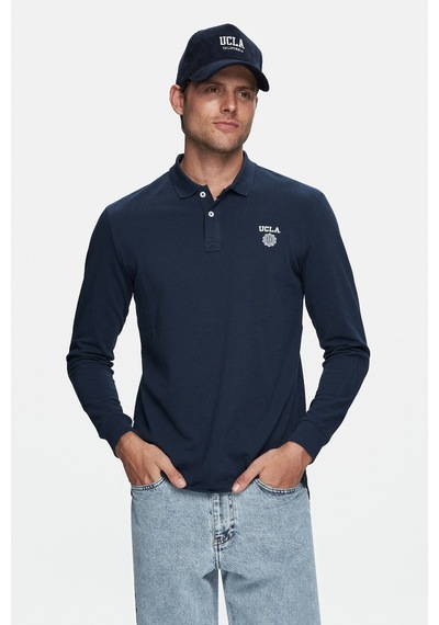 Ucla Maxwell Lacivert Polo Yaka Baskılı Standard Fit Erkek Sweatshirt Lacivert
