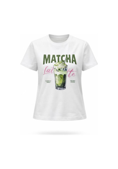 Kadın Beyaz Matcha Latte Baskılı %100 Pamuk Tişört Beyaz