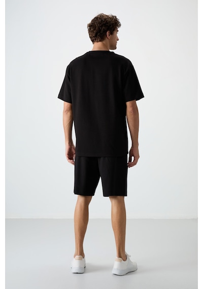 Siyah Pamuklu Kalın Yumuşak Dokulu Oversize Fit Nakışlı Erkek Şort Takım - 85250