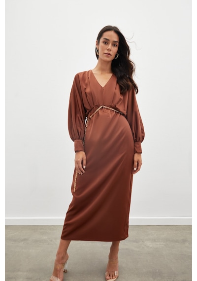 Sateen Zincir Kemerli Saten Elbise - Kahve Kahverengi
