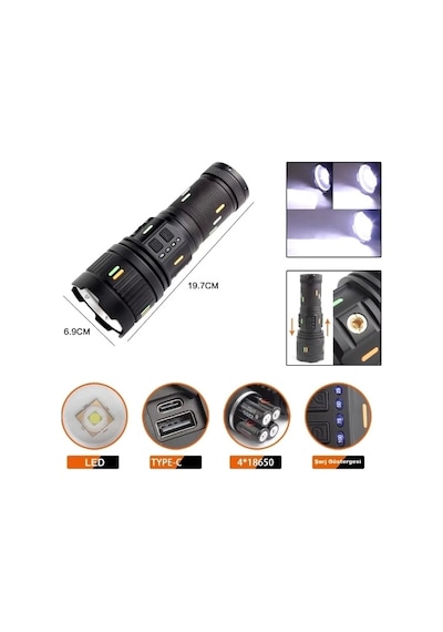 Pro F-3001 Alüminyum Tg Led Güç Göstergeli Type-c Şarjlı El Feneri 100 W Çok Renkli