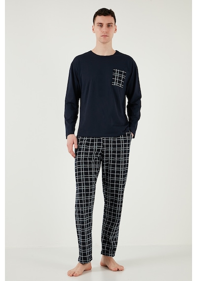 Buratti Ekoseli Cepli Beli Lastikli % 100 Pamuk Regular Fit Erkek Pijama Takımı 6572001 Lacivert-Yeşil