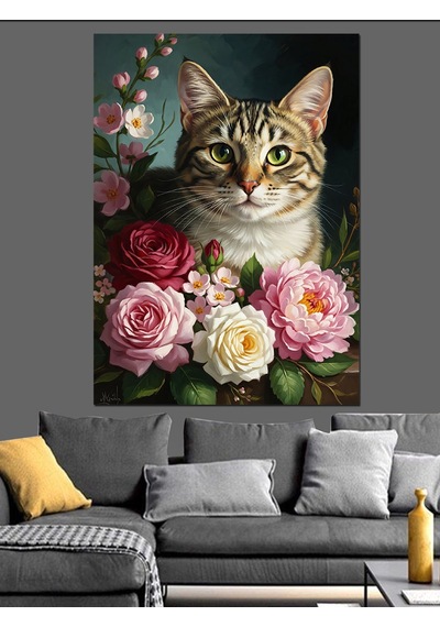 Ahşap Tablo Pembe Güller Arasında Meraklı Kedi