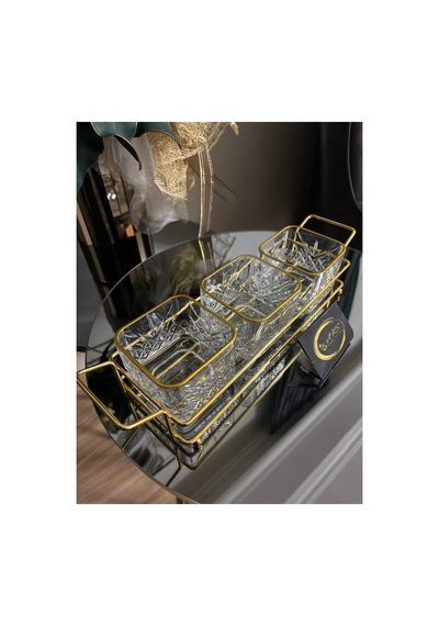 Ars Paşabahçe Timeless Yaldızlı Kare Kase Metal Gold Standlı 3,lü Çerezlik,şekerlik,sunumluk,tabak