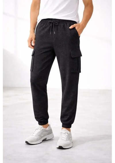 Erkek Jogger Eşofman Altı Regular Fit , Kargo Cepli, Lastikli Paça, Günlük Spor Pantolon - Füme
