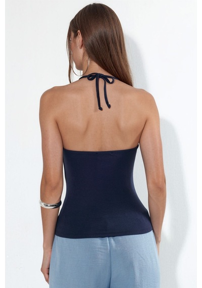 Hiccup Busem Slim Fit Halter Yaka Jarse Bluz Lacivert