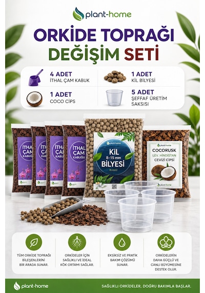 Orkide Toprağı Değişim Seti İthal Çam Kabuğu, Coco Cips, Kil Bilyesi Ve Şeffaf Saksı Seti
