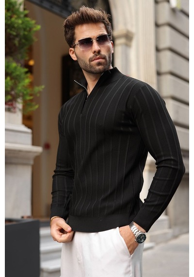 Madmext Siyah Slim Fit Hakim Yaka Fermuarlı Erkek Triko Kazak E7518