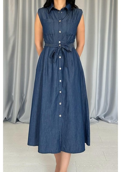 De'charme Mavi Tencel Çıtçıtlı Elbise