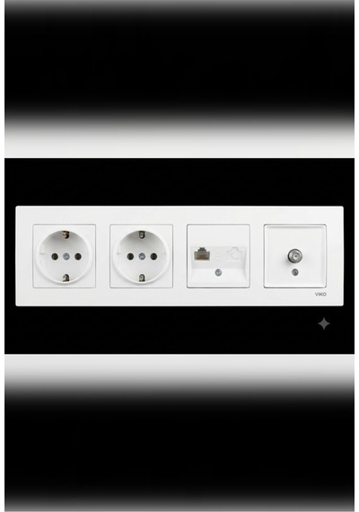 Karre Beyaz 4'lü Set - 2 Topraklı Priz + 1 F Konnektör Uydu Prizi + 1 Telefon Prizi Dörtlü Çerçeve Dahil