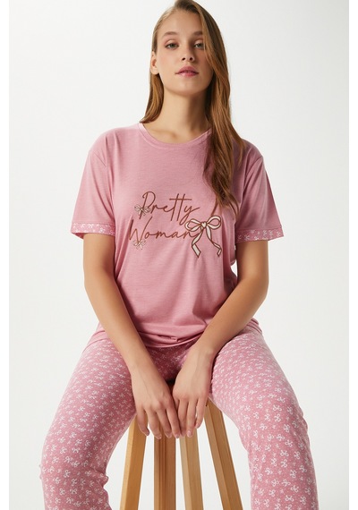 Ritnice Kadın Pretty Woman Viskon Bisiklet Yaka Kısa Kol Pembe Alt Üst Pijama Takımı Pembe