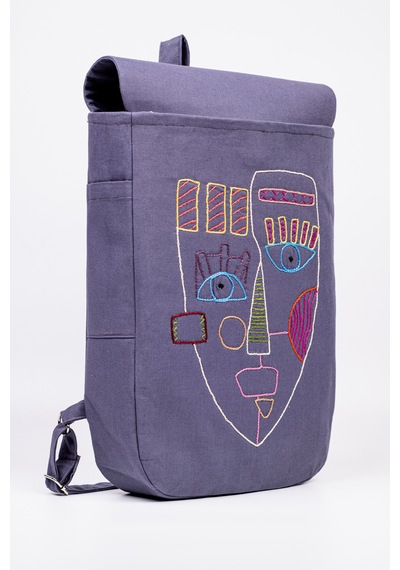 Fabric Craft Bag Sırt Çantası Pamuklu Nakışlı Figür Desen Mor