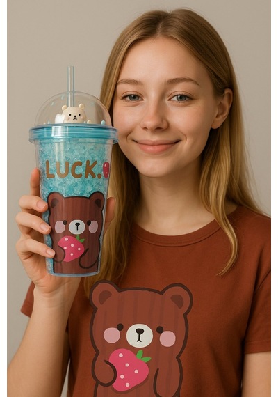 Çocuklar İçin Sevimli Renkli Boncuklu Luck Bear Tasarımlı Pipetli İçecek Bardağı Suluk Mavi 2093 Çok Renkli