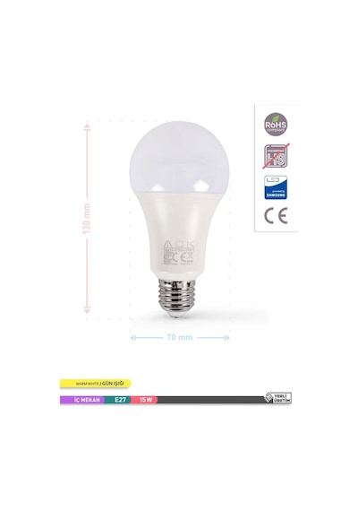 ACK LED A70 Ampul 3000K Gün Işığı 220V 15W E27