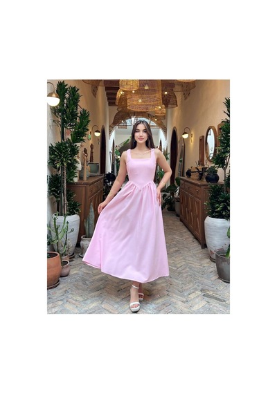 Moda Banuş Pembe Taş Baskılı A Kesim Bağcıklı Elbise-dar Kalıp