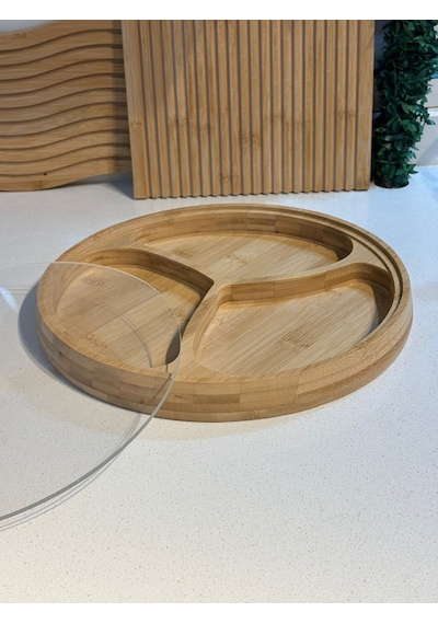Qerhome 3 Bölmeli Akrilik Kapaklı Bambu Çerezlik & Kahvaltılık 28 Cm Alg Bambu