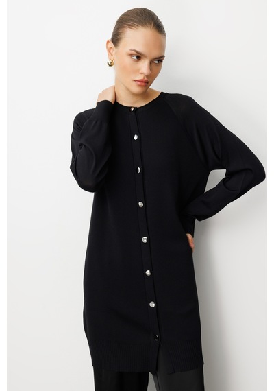 Mizalle Premium Rayon Uzun Düğmeli Siyah Hırka Siyah