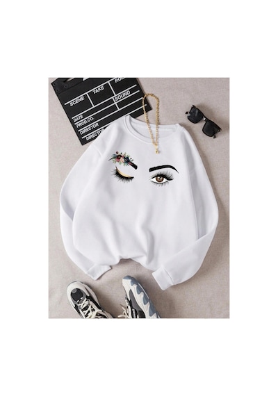 Tarzsokak Kod Adr-shen Ezwear Floral & Figure Graphic Thermal Lined Sweatshirt Beyaz
