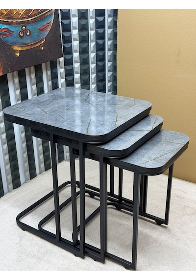 3 Lü Zigon Sehpa Seti Metal Ayaklı Ahşap Desen Tabla Modern Tasarım Gri