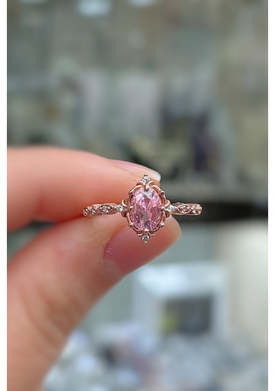 925 Ayar Gümüş Oval Pembe Taşlı Vintage Tasarım Kadın Yüzük Rose