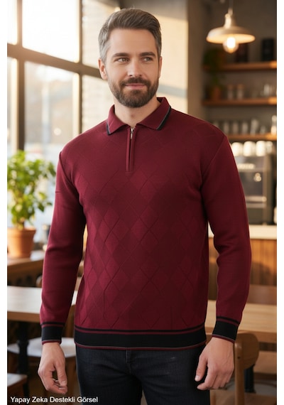 Kamalı Erkek Bordo Tüylenme Yapmayan Anti-pilling Standart Fit Normal Kesim Premium Polo Yaka Triko Kazak