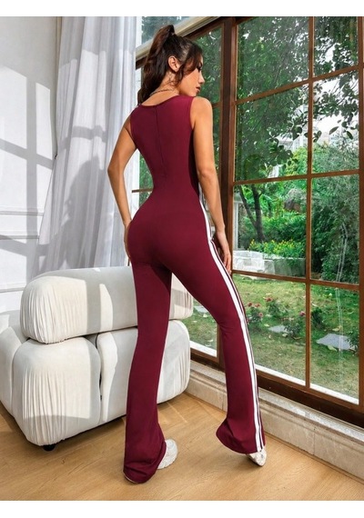 Efnaz Style Kadın Askılı Kare Yakalı Yandan Şeritli Uzun Dalgıç Tulum Bordo