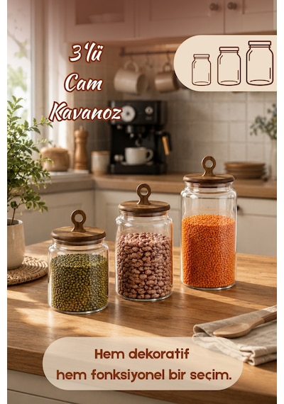 Porsima 4470 Handmade Vakum Kapaklı 3lü Cam Kavanoz Seti Vakum Kapaklı Saklama Düzenleme Kabı Seti Şeffaf