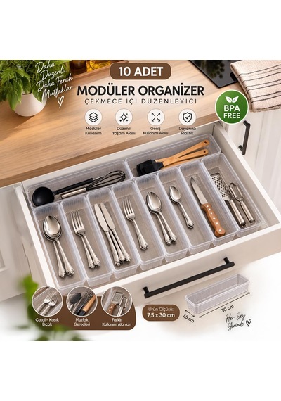 Tr 0382 10'lu Modüler Çekmece İçi Organizer Seti 30x7,5 Cm Şeffaf Mutfak, Kaşıklık, Çatal Bıçak Ve Makyaj Genel
