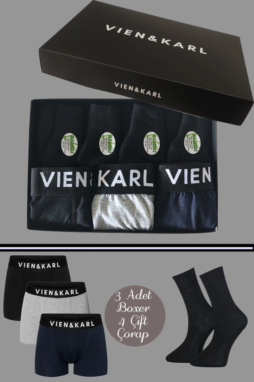 Vien&Karl Erkek Premium Kutuda 3 Boxer Siyah/gri/lacivert 4 Bambu Çorap Se 6'lı Bxcrp-syh-gr-lv