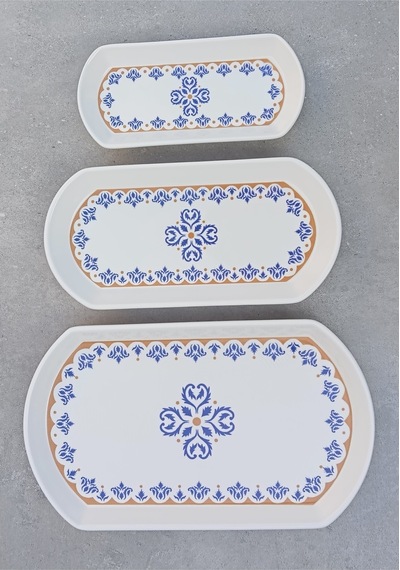 Ottoman 3 Boy Seramik Oval Kayık Kahvaltı Sunum Tabağı Seti Mavi