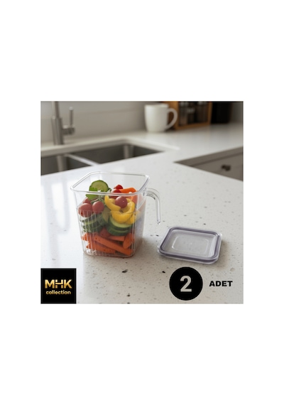 2 Adet Kristal Kulplu Kare Erzak Ve Gıda Saklama Kabı 1.6 Lt Şeffaf