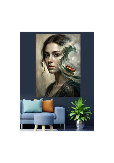 Dalgalı Saçlı Ve Hüzünlü Kadın Yağlı Boya Dokulu Kanvas Tablo Canvas Tablosu