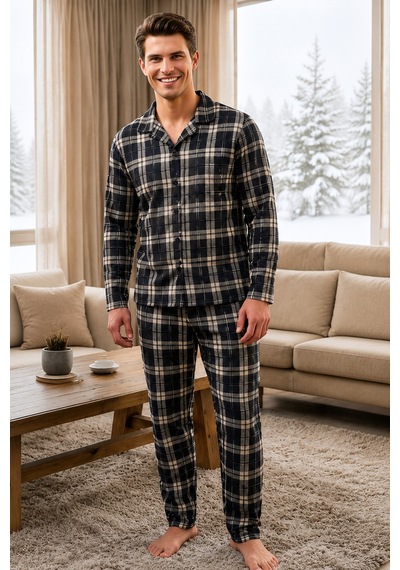 Free Beka Ekose Desenli Uzun Kollu Gömlek Yaka Düğmeli Erkek Pijama Takımı Bej