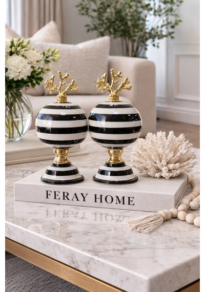 Dekoratif Obje - 2 Li Küre Siyah Zebra Gold