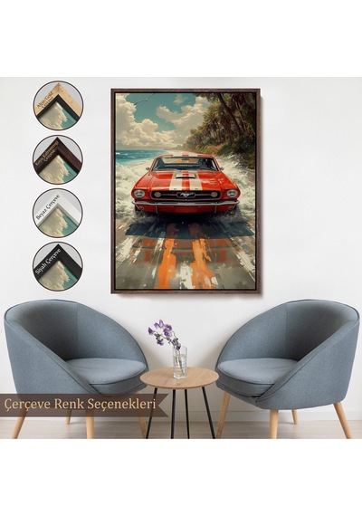 Ahşap Çerçeveli Kırmızı Mustang Tablo-7910