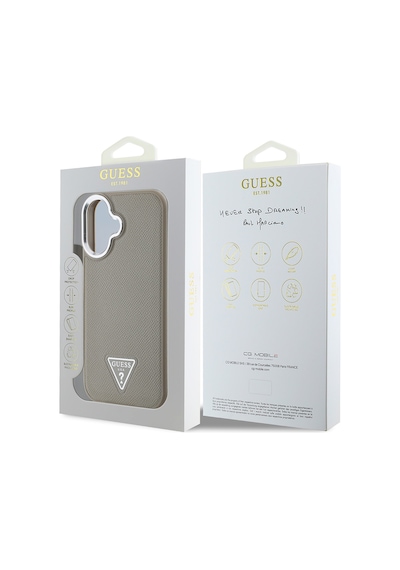 Apple Uyumlu iPhone 16 Kılıf Guess Lisanslı Magsafe Şarj Özellikli Grained Triangle Kapak Kahverengi