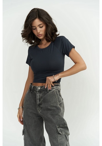 Mai Collection Mai Studios Co. Perla Vatkalı Antrasit Crop Bluz Antrasit