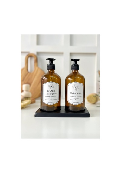 Siyah Metal Standlı 2 Li Amber Cam 500 Ml Sıvısabun Bulaşık Deterjan Seti Bulaşıklık Set Kahverengi Kahverengi