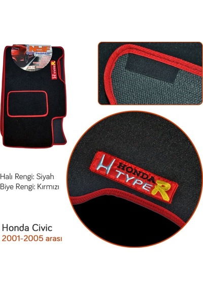 Nyf Honda Civic 2001-2005 Siyah Halı Paspas (Biye Kırmızı)