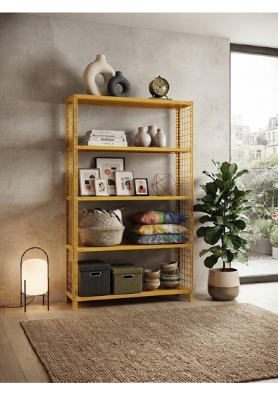 5 Katlı Renkli Tel Kafesli Dekoratif Çelik Raf - Çiçeklik Rafı, Ofis Rafı 0,70 Mm Sarı-31x93 Cm-250 Cm