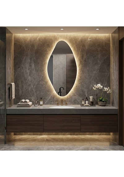 35x70 Cm Modern Oval Led Banyo Aynası Dim Edilebilir Dokunmatik, 3000k Günışığı Sarı