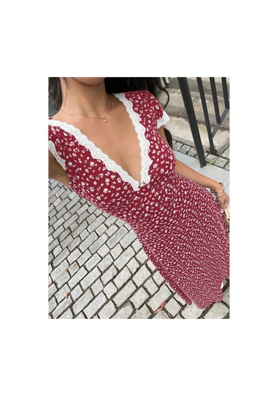 Butik İstanbul Kadın Kısa Kollu Derin V Yakalı Dantel Detaylı Çiçek Desenli Uzun Süprem Elbise Kırmızı